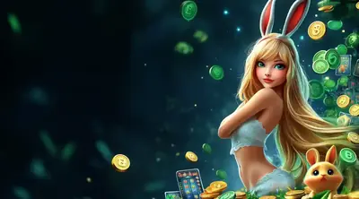 Blonde woman with bunny ears surrounded by crypto coins and casino game symbols